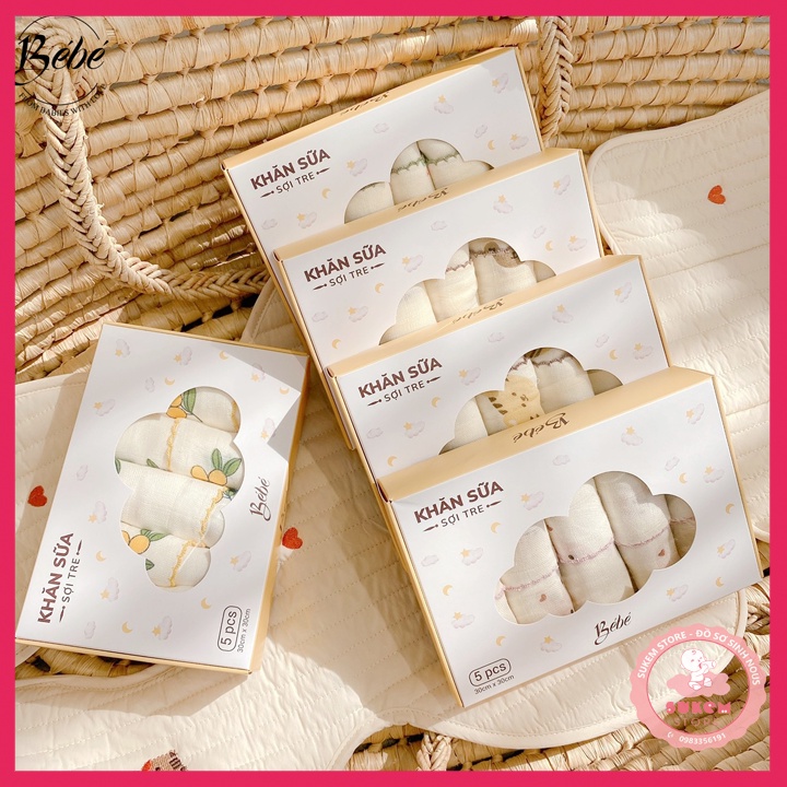 Khăn Sữa Cho Bé/ Khăn Sữa Sợi Tre BéBé Set 5 Cái Mềm Mại Thấm Hút Tốt, Họa Tiết Xinh Xắn Cho Bé