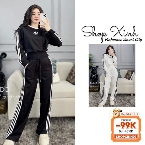 Set thu đông nữ dài tay phối sọc ống rộng 2 màu đen/trắng, Siêu phẩm bộ quần ống rộng chạy sọc