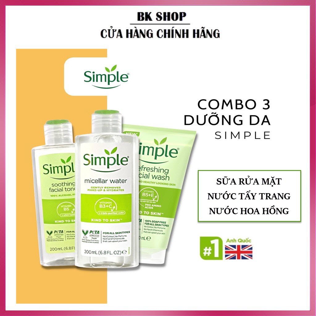 Combo 3 Simple Sữa Rửa Mặt, Nước Tẩy Trang ,Toner Nước Hoa Hồng Chính Hãng