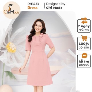 Đầm công sở CITI MODE FASHION thiết kế dáng A hồng phối cổ xếp ly thêu hoa DH3733