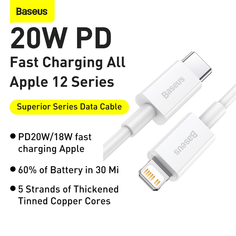 Dây Cáp Sạc Nhanh BASEUS 20W Loại C PD Dành Cho iPhone 12 pro Max XS Max 8 7 6 Plus