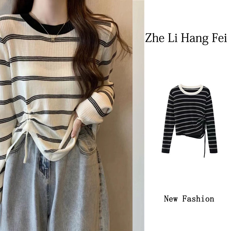 ZHELIHANGFEI Áo Sweater Tay Dài Kẻ Sọc Phối Dây Rút Cá Tính Thời Trang