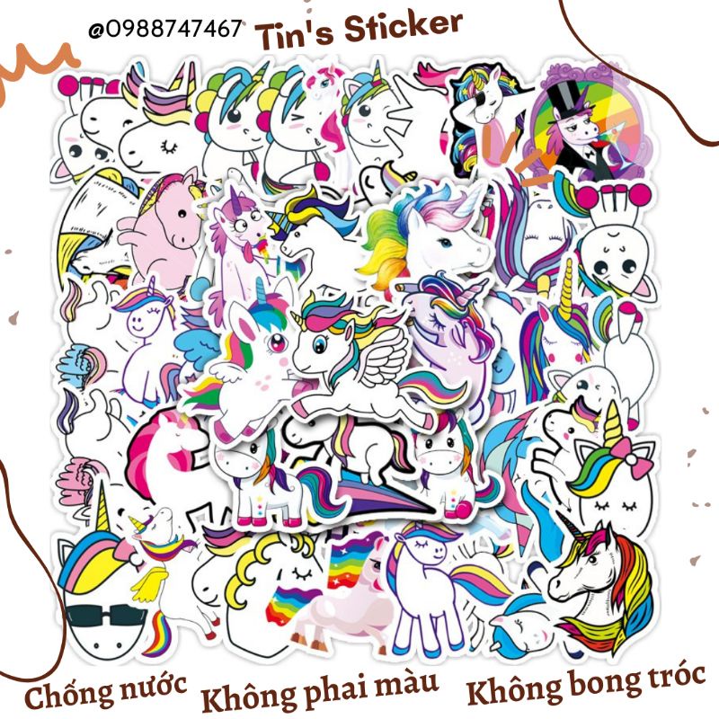 Set combo 50 miếng dán sticker Kỳ lân Unicorn chống thấm nước dán nón mũ bảo hiểm laptop vali sổ sách xe máy đàn guitar