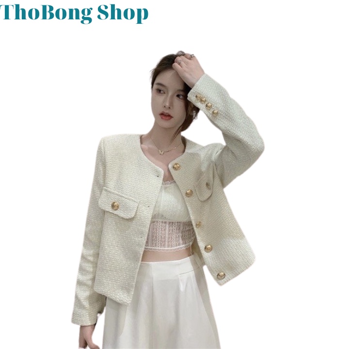 Khoác Dạ Tweed Màu Kem Cổ Tròn 2 Nắp Túi Gỉa Phong Cách Trẻ Trung Lịch Lãm.