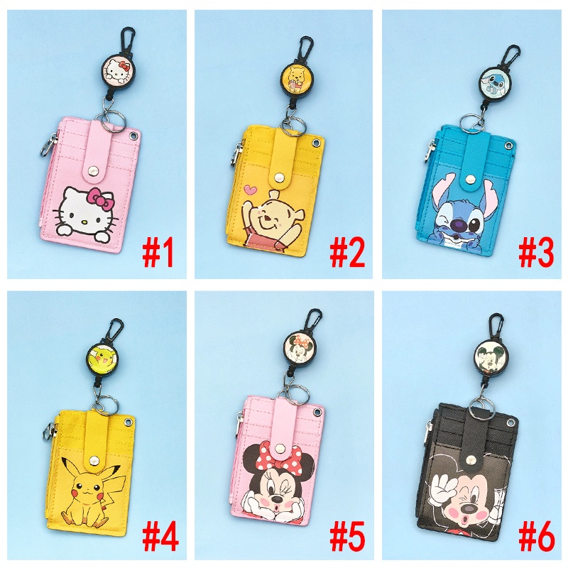 Ví Đựng Tiền Xu Mini 5 Ngăn Bằng Da PU Hình Hello Kitty Winnie the Pooh Mickey Minnie Có Khóa Kéo Thời Trang