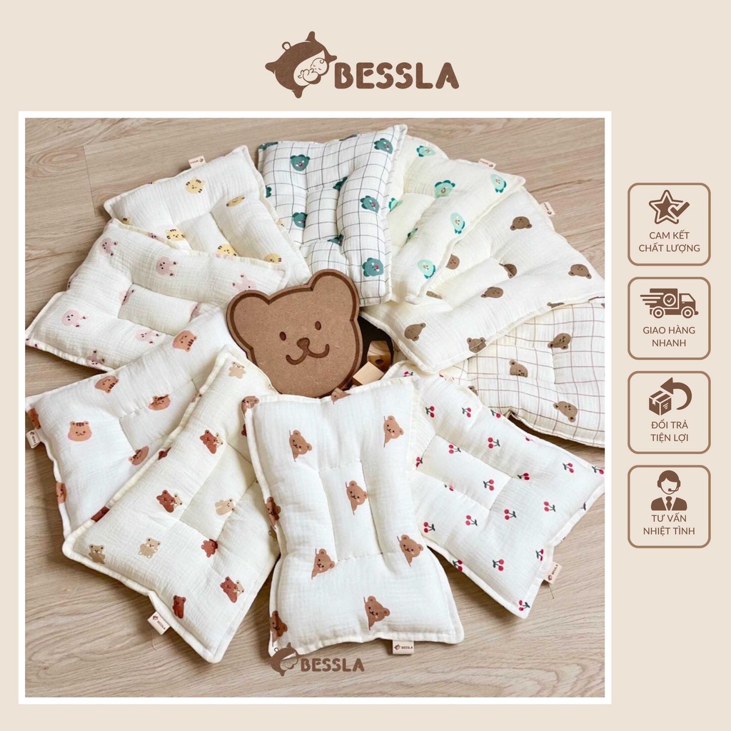 Gối Lõm Bông Sơ Sinh Muslin Bessla Cao Cấp Mềm Mại Nhẹ Thoáng Khí Thấm Hút Tốt