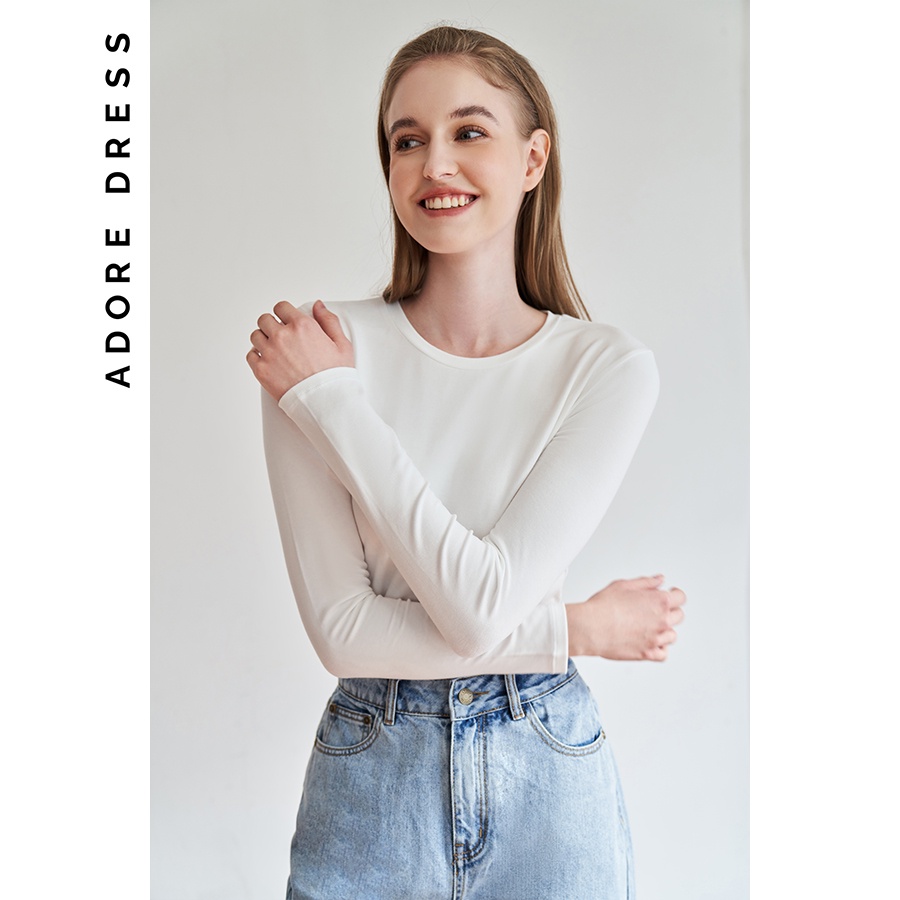 Áo giữ nhiệt crop top rib cổ tròn ôm đen, xanh, begie, trắng 2KT0002 ADORE DRESS