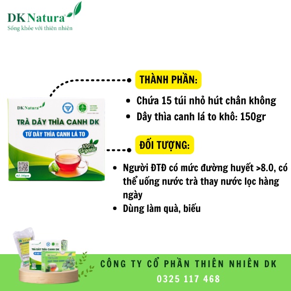 Dây thìa canh lá to Organic, sản phẩm cho người tiểu đường 2 hộp 1 tháng sử dụng