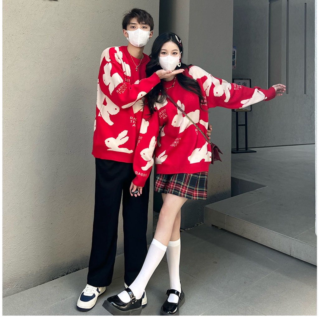 Áo sweater ZHELIHANGFEI dệt kim tay dài dáng rộng màu đỏ in hình thỏ dễ thương dành cho cặp đôi