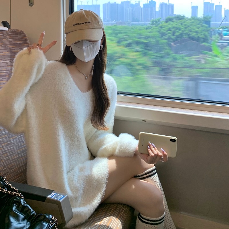 ZHELIHANGFEI Áo Khoác Len Lông Chồn Cổ Chữ V Dáng Rộng Thời Trang Mới Cho Nữ