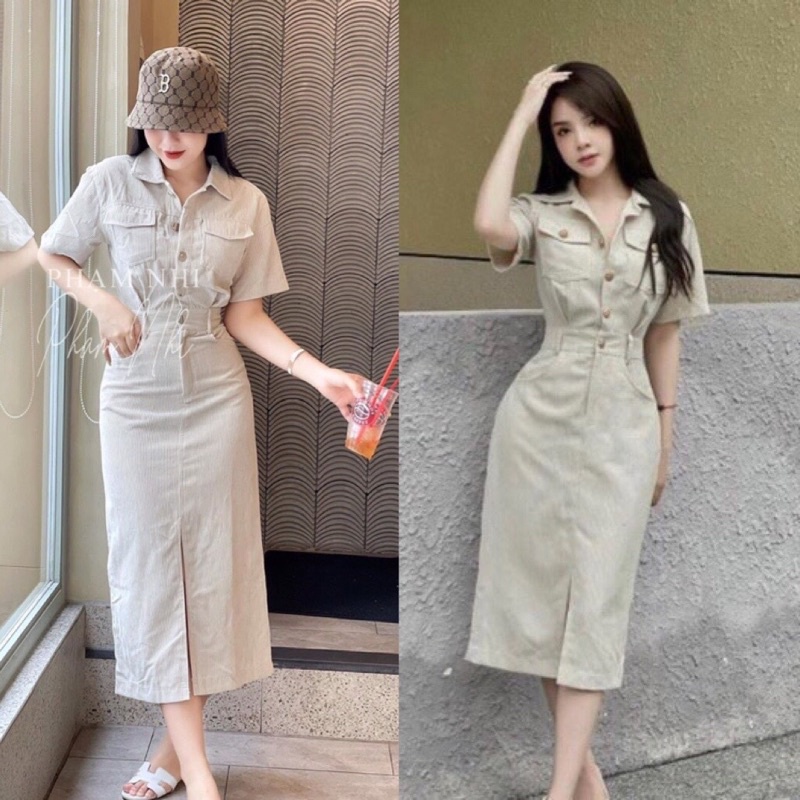 Váy nhung tăm xẻ trước cúc đồng thắt đai