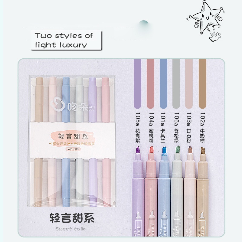 Bộ 6 Bút Đánh Dấu Hai Đầu Nhiều Màu Sắc Dễ Thương Cho Học Sinh