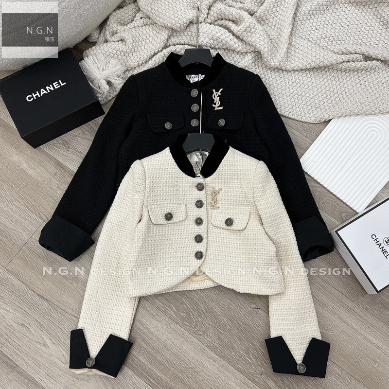Áo dạ tweed tay phối dáng ngắn kèm tang, áo khoác dạ 2 lớp