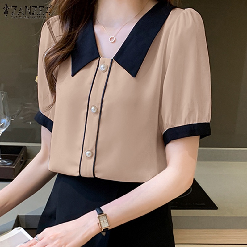 Áo sơ mi ZANZEA chiffon tay ngắn cổ bẻ thời trang đường phố Hàn Quốc thời trang dành cho nữ