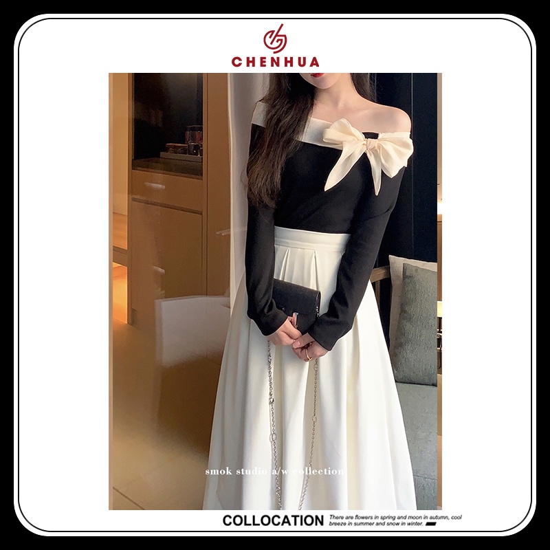 Set tiểu thư áo len tăm nơ vai mix chân váy midi xếp ly dáng dài  VN09