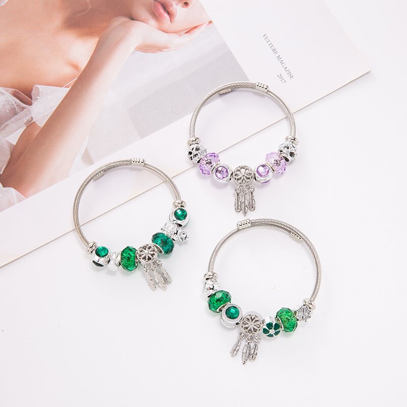 Vòng Tay Chuỗi Hạt Pha Lê Hình Dreamcatcher Bằng Thép Không Gỉ