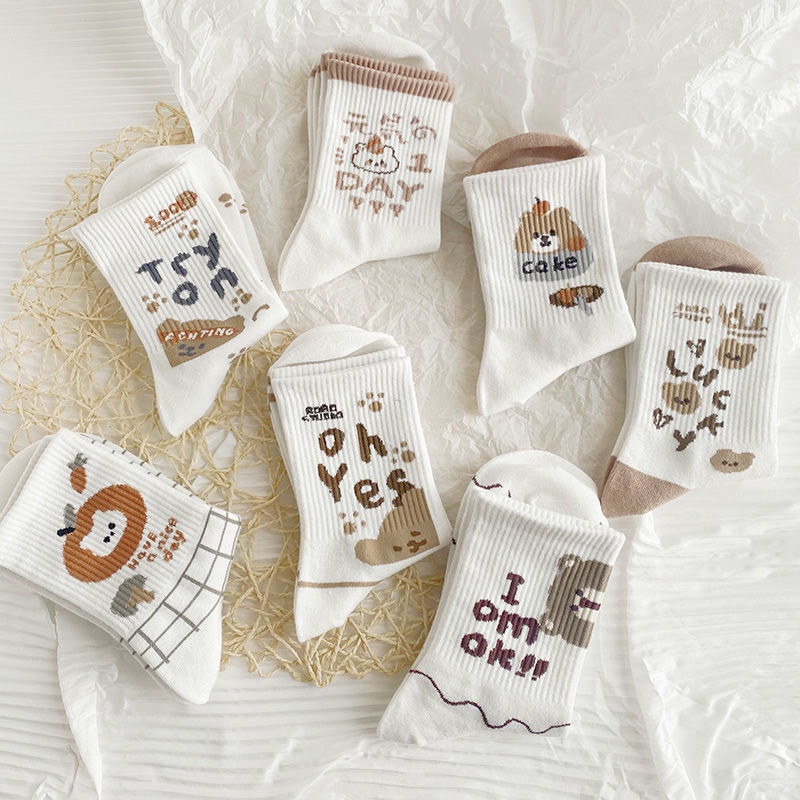 Vớ cotton Trơn Cổ Cao In Hình Gấu Thời Trang Cho Nữ