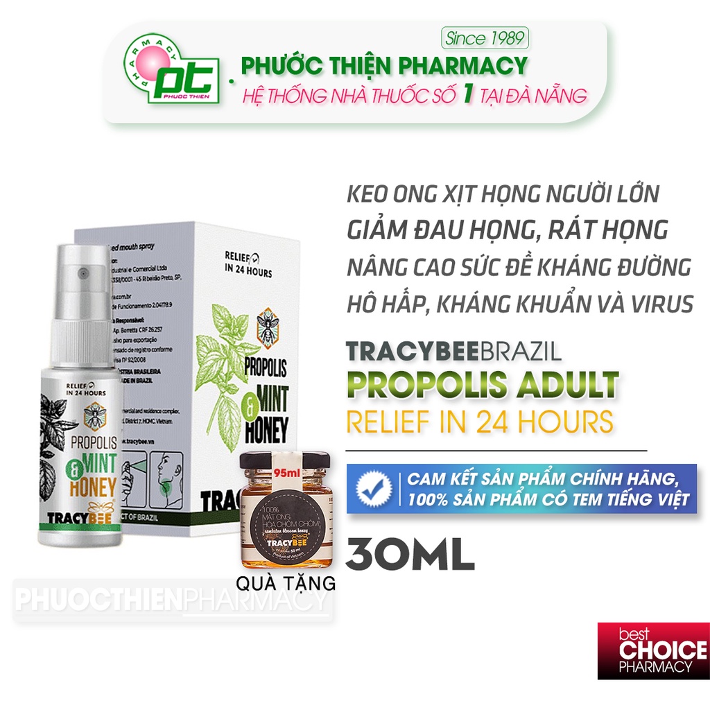 Keo ong xanh dạng xịt cho người lớn giảm ho, giảm viêm họng Propolis Mint & Honey Tracybee 30ml Xịt họng kháng khuẩn