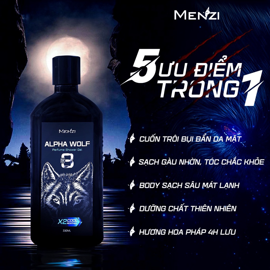 Sữa Tắm Gội Menzi 3 trong 1, Ngừa Gàu, 6H Lưu Hương Nước Hoa Pháp 330ml/chai