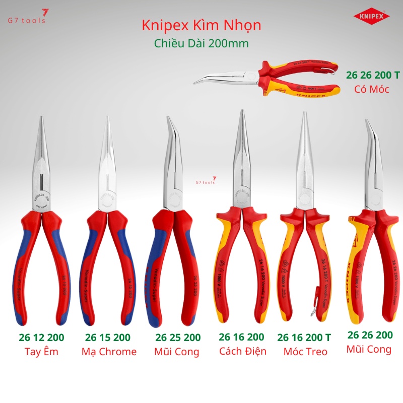 Kìm Nhọn Có Lưỡi Cắt Chiều Dài 200mm Knipex 26 11 200/ 26 12 200/ 26 15 200/ 26 16 200 T/ 26 25 200/ 26 26 200 T