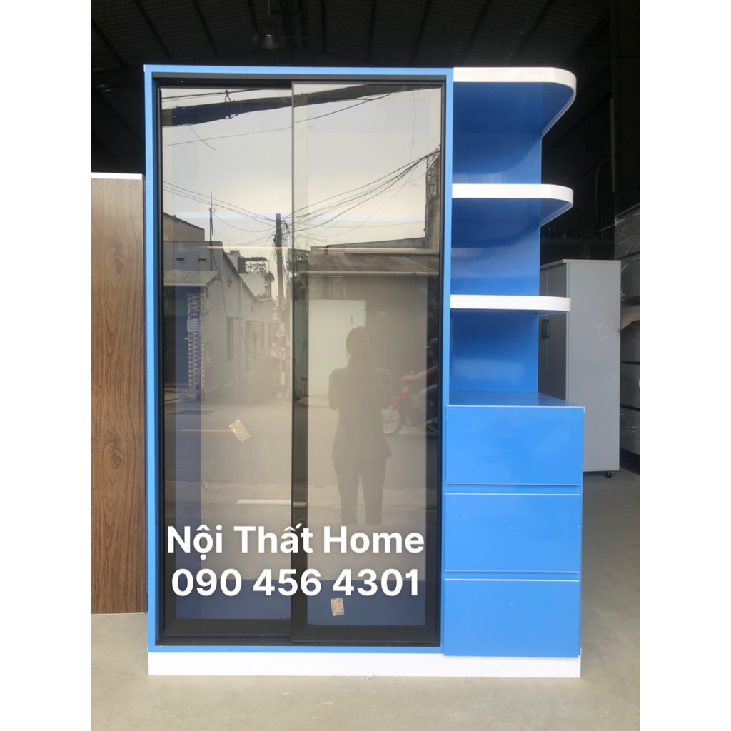 Tủ Nhựa cánh Nhôm Kính Cường Lực 1M8x1M3 Màu Xanh Giá Xưởng