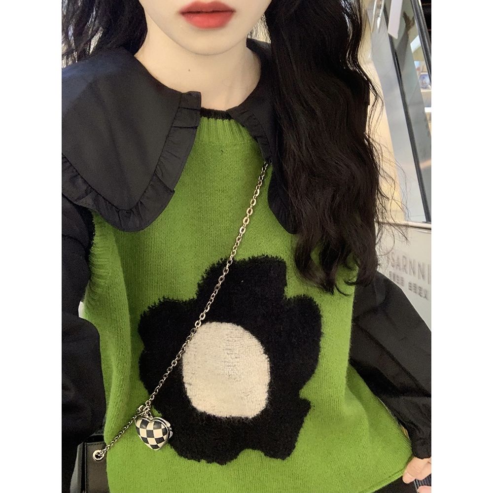 Sweet suit ins japanese style age-reducing all-match doll collar shirt + layered flower knitted sweater vest two-piece suit
