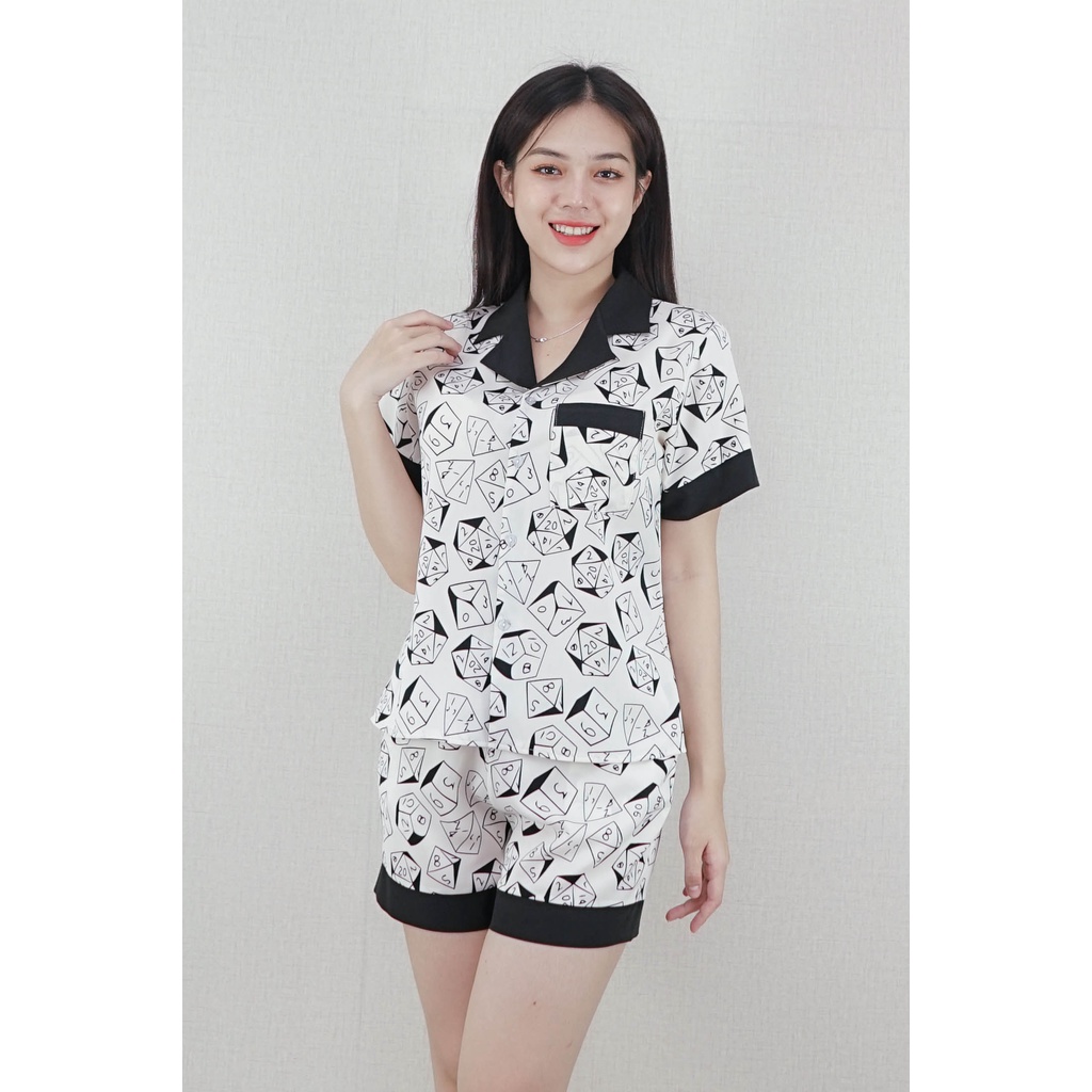 Bộ đồ Pijama nữ Quần ngắn tay ngắn TRẮNG Ô VUỒNG ĐEN PHA CỔ ĐEN - vải lụa nhật cao cấp - sang chảnh