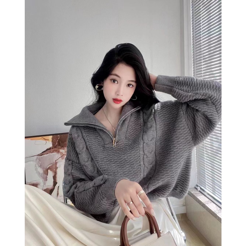 Áo len ZHELIHANGFEI dệt kim tay dài dáng rộng cổ đứng phối khóa kéo cá tính cho nữ