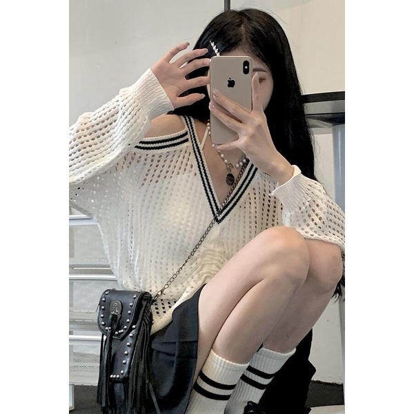 Áo Kiểu Dệt Kim Mỏng Hở Vai Dáng Rộng Phối Dây Rút Chống Nắng Và Điều Hòa Không Khí Kiểu Gia Vị Cho Nữ