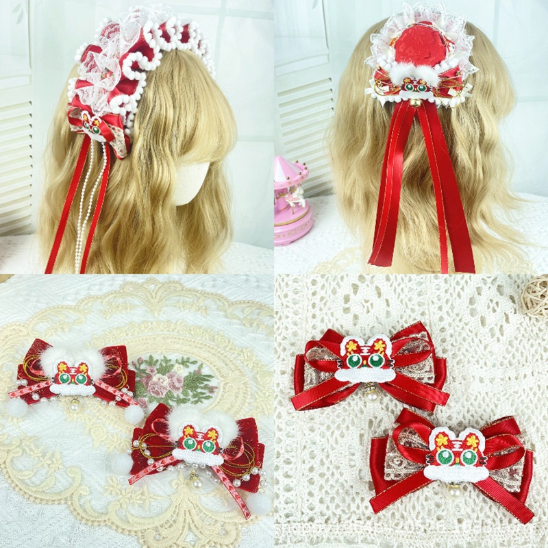 Kẹp Tóc Nơ Phối Ren Màu Đỏ Phong Cách Lolita