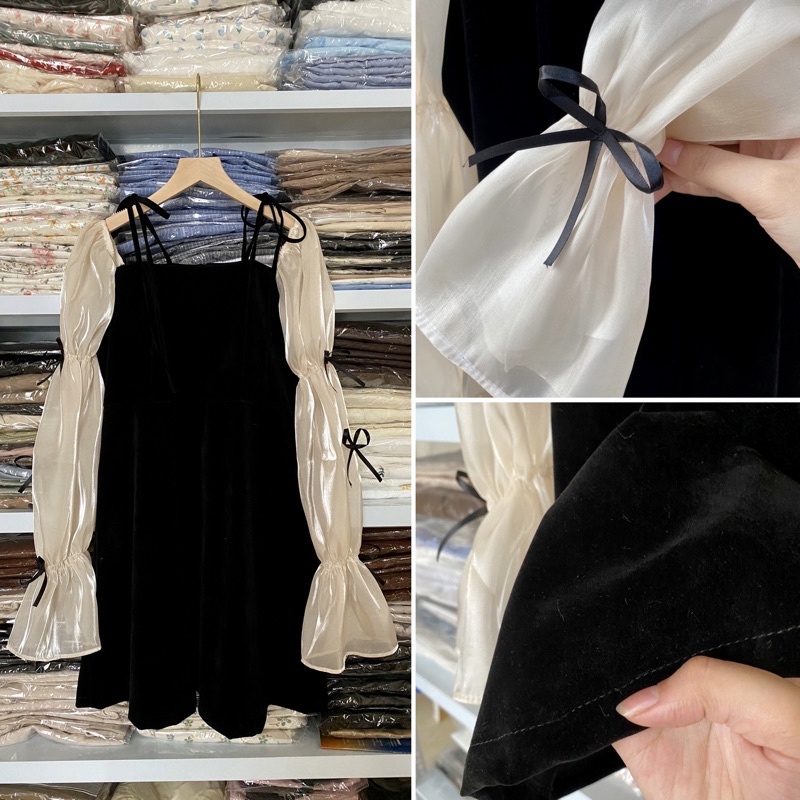 𝙏𝙚𝙩 𝘾𝙤𝙡𝙡𝙚𝙘𝙩𝙞𝙤𝙣/ Đầm nhung tiểu thư chữ A đính nơ phối tay voan phồng