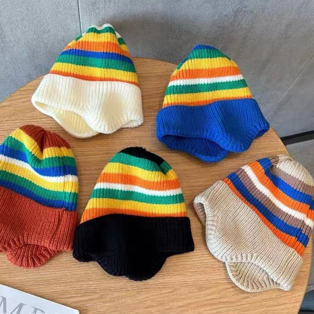 Mũ Dệt Kim Bảo Vệ Tai Chống Gió Họa Tiết Sọc Cầu Vồng Cho Bé