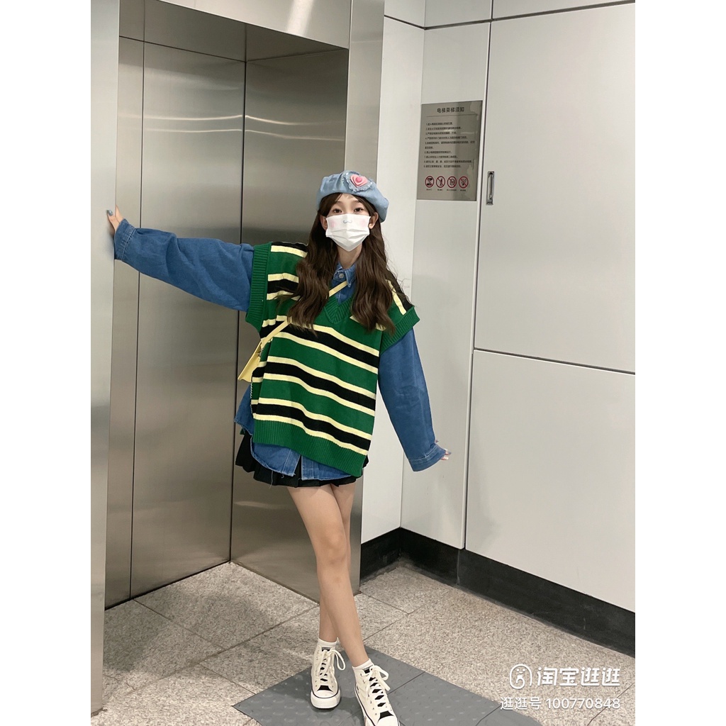 Áo gile len oversize kiểu dáng sọc trơn basic ( kèm ảnh thật shop chụp)