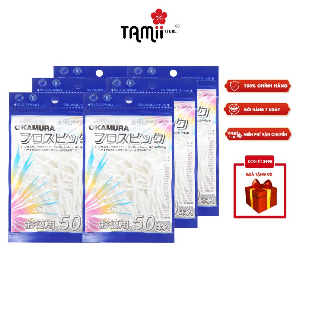 Combo 6 Gói Tăm Chỉ Kẽ Răng Okamura 50 Cây 4503 Vệ Sinh Răng Miệng