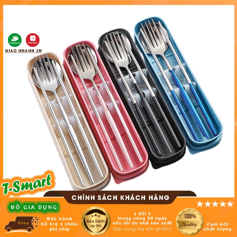 Bộ 3 Món Thìa, Đũa, Dĩa Inox 304 Phủ Bóng Sang Trọng Cao Cấp Cá Nhân, Ăn Trưa Văn Phòng - Kèm Hộp Đựng Tiện Lợi