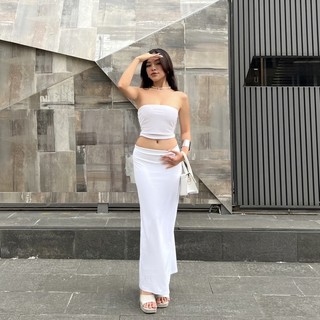 Midi skirt + tube top lưới trắng trơn