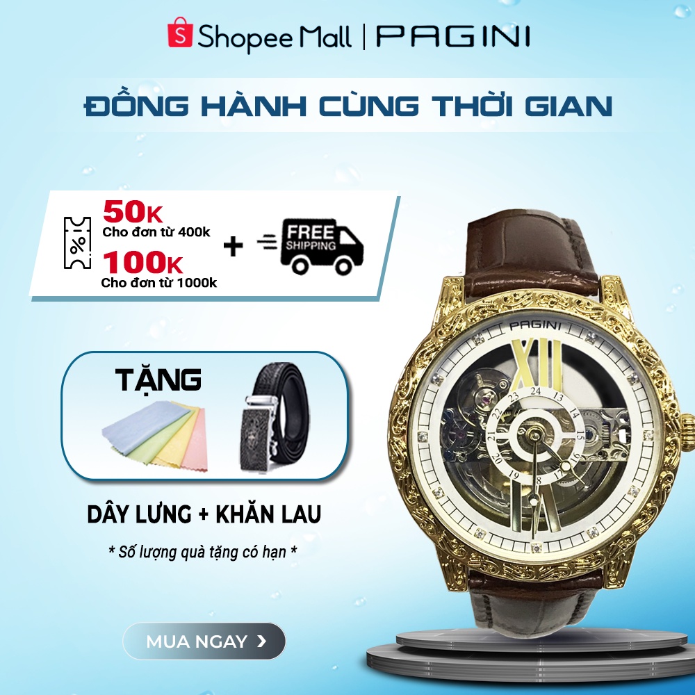 Đồng hồ cơ nam dây da máy tự động automatic Pagini PA1851 lộ máy mặt vàng đính thời trang đẳng cấp sang trọng.