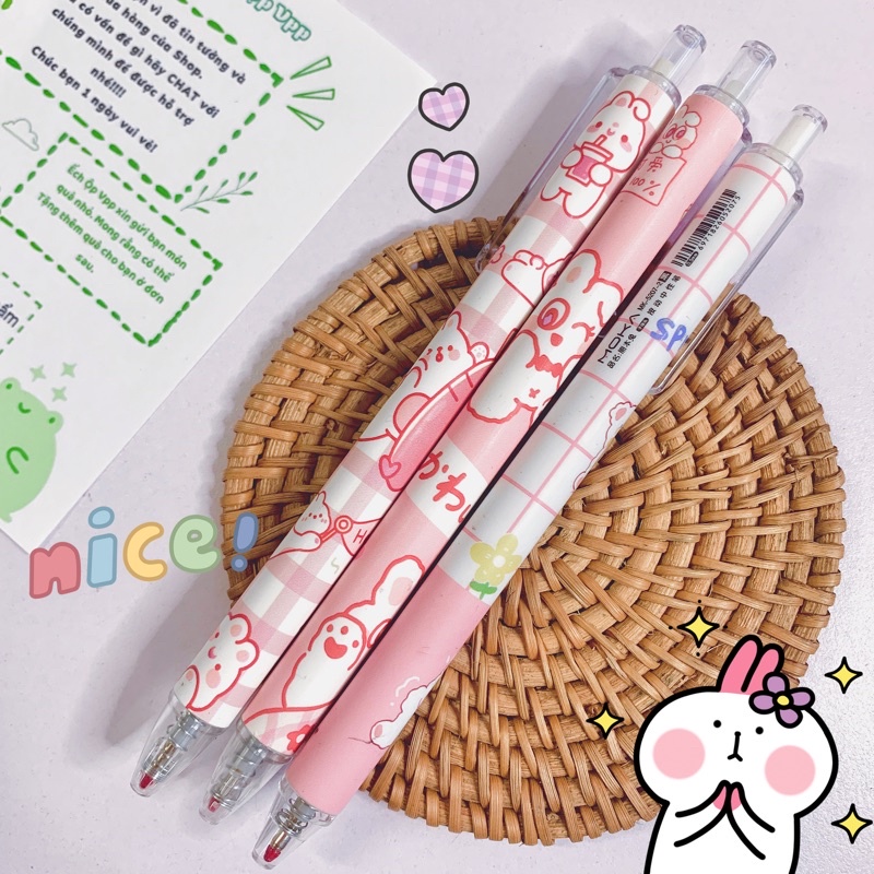 Bút Bi Bấm màu pastel 0.5mm cute dễ thương, bút gel bấm mực đen nhanh khô Ếch Ộp Vpp