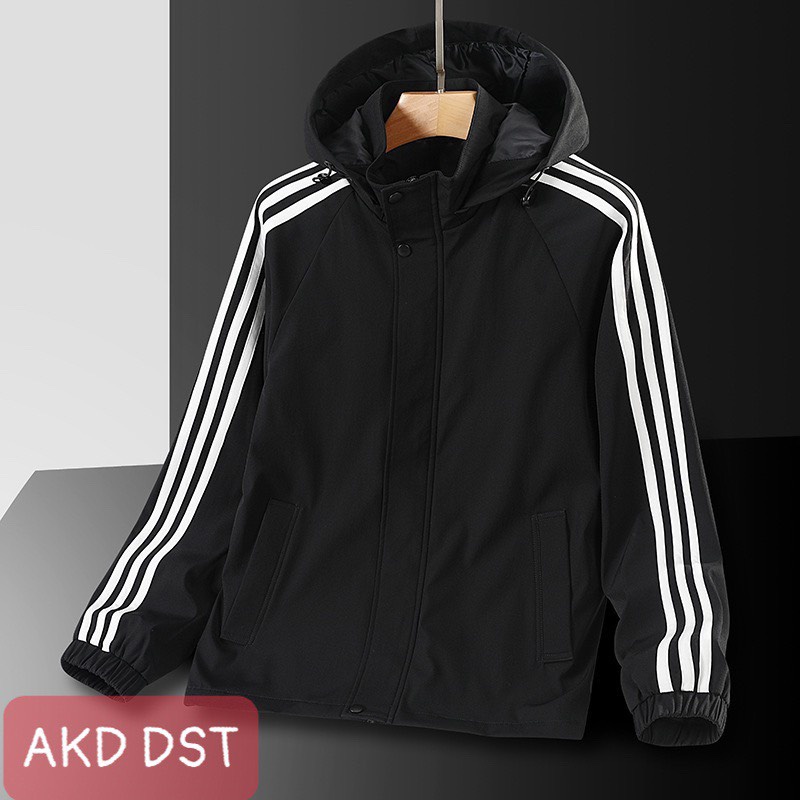 Áo Gió Nam chất liệu dù gió 2 lớp chuẩn from dáng chuẩn size như mẫu đen 3 sọc tay có mũ mẫu đơn giản cho nam MS AKD ĐST