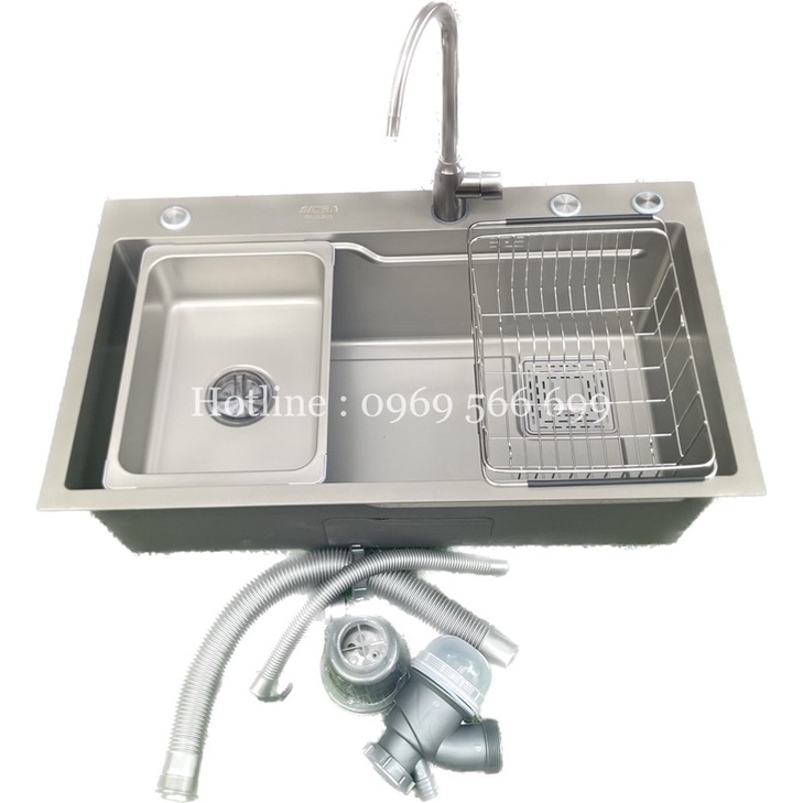 Combo chậu rửa chén 1 hố kt78x45cm vòi nóng lạnh sơn tĩnh điện nano xám