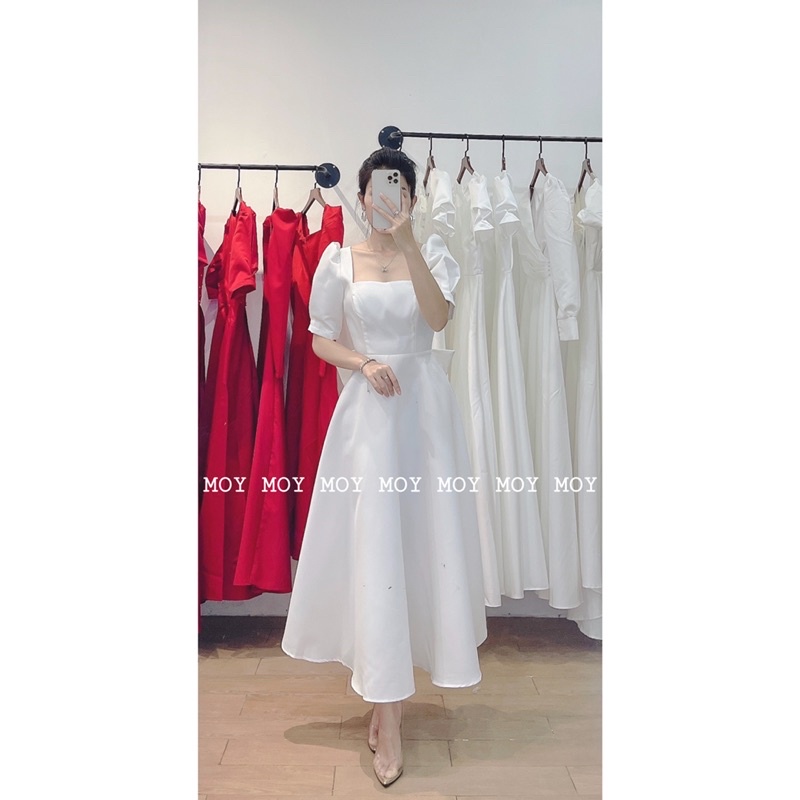 Váy dài xoè phi mờ cổ vuông tay ngắn nơ lưng - Váy thiết kế cao cấp