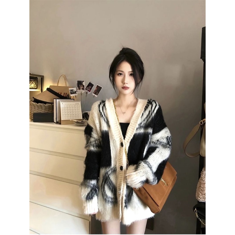 Jiashucheng Áo Khoác Cardigan Dệt Kim Cổ Chữ V Phong Cách Retro Cao Cấp