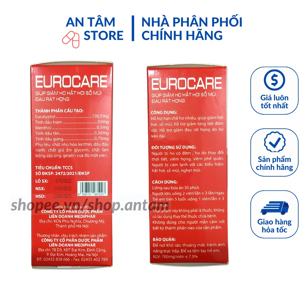Viên uống Eurocare  Giảm ho, thông thoáng mủi họng.