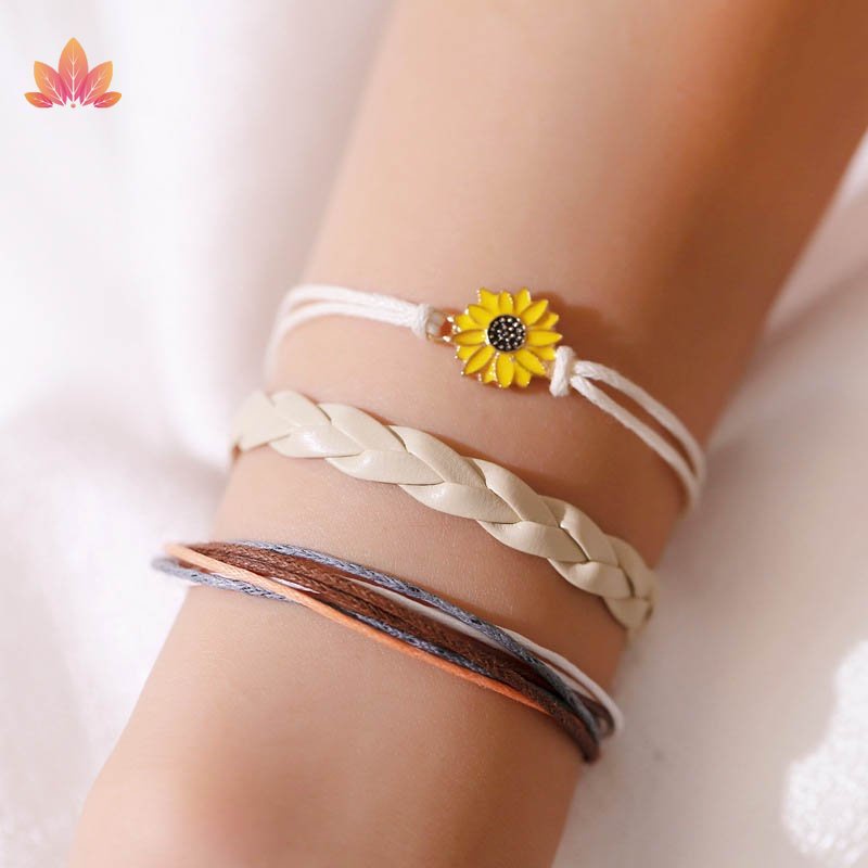 Bộ 3 Vòng Tay Dây Da Bện Mặt Hoa Hướng Dương Nhiều Màu Phong Cách Bohemian JP5