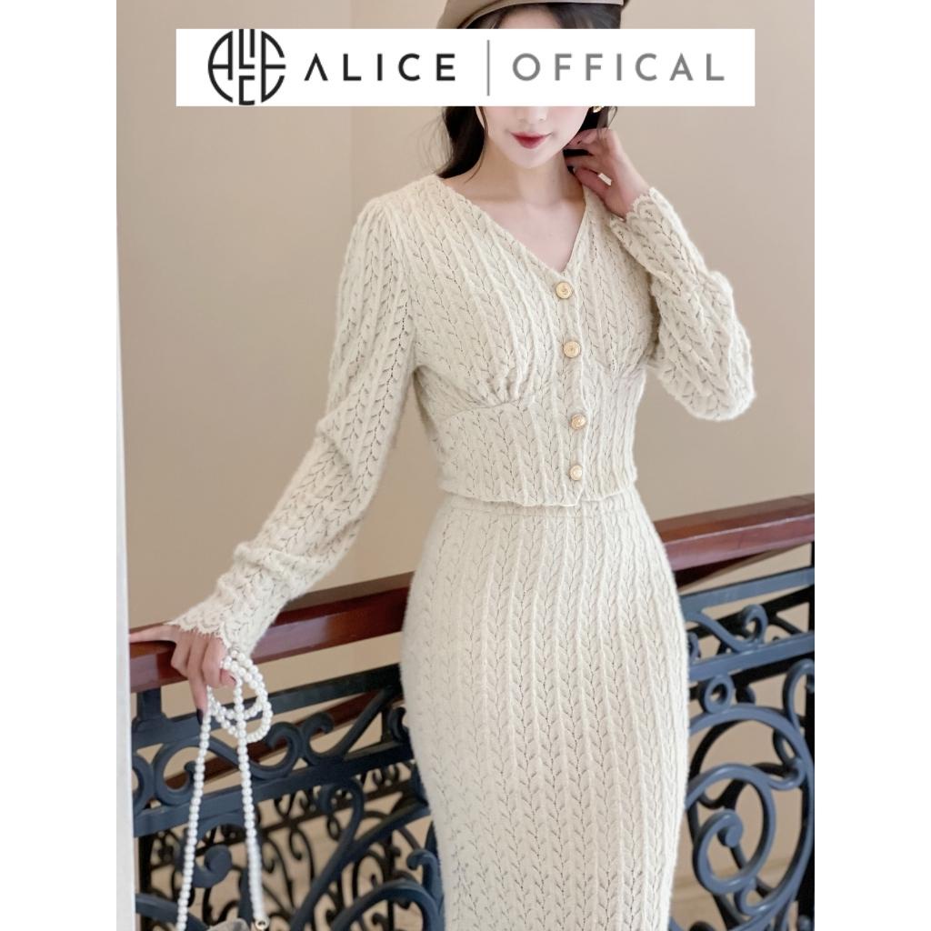 Set Ren Lông Cao Cấp ALICE Áo Croptop Cài Cúc Đồng Kèm Chân Váy Đuôi Cá Có Lót Lụa Mềm Mịn Thanh Lịch Tôn Dáng S227