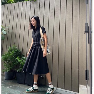 Đầm Đen Rút Dây E.studio Vải Dù, Dáng Xoè