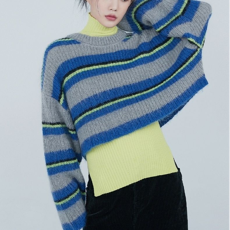 Áo Sweater Tay Dài Cổ Tròn Kẻ Sọc Màu Tương Phản Kiểu Retro Nhật Bản Thời Trang Thu Đông Cho Nữ