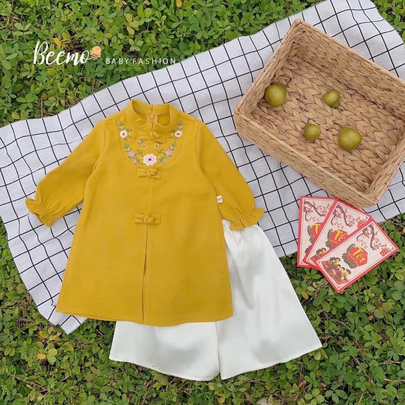 Set áo dài nhung tăm thêu hoa kèm quần cho bé gái từ 8-23kg