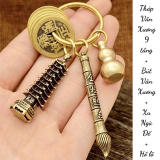 Móc khóa tháp bút văn xương xu ngũ đế hồ lô trí tuệ công danh tài lộc sức khỏe mk03