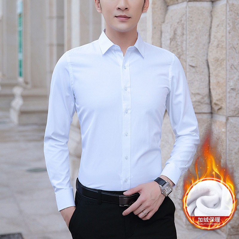 Áo Sơ Mi Tay Dài Lót Lông Cừu Dày Dặn Dáng Ôm Thời Trang Thu Đông Cho Nam Giới